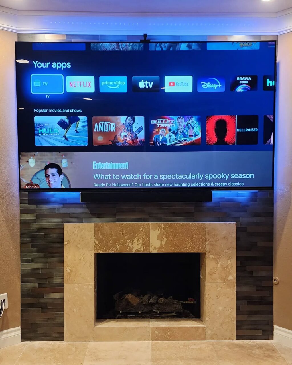 Sony OLED 83" over fireplace installation, looks great, sounds amazing!